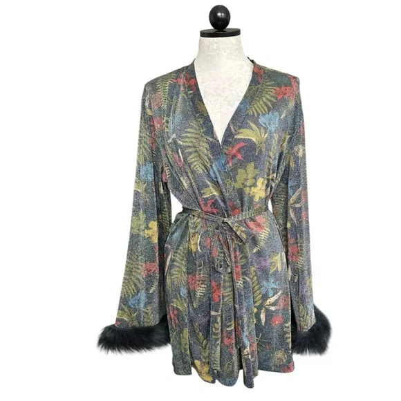 Savage X Fenty Trophy Wife Robe Metallic Island Print Sleeves Faux Fur Size M/L - Picture 6 of 16